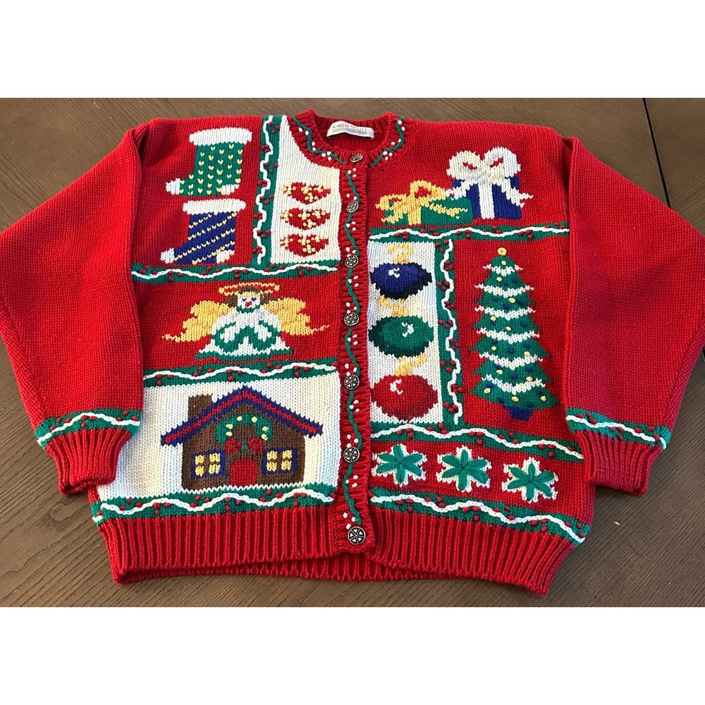 Karen Scott Christmas Cardigan Women's Petite Large Red Grandma‎ Teacher